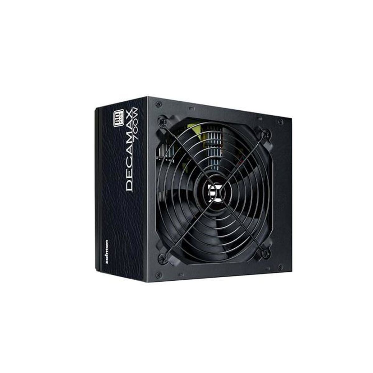 Alimentatore nero con ventola e etichetta 'DECAMAX 700W'.