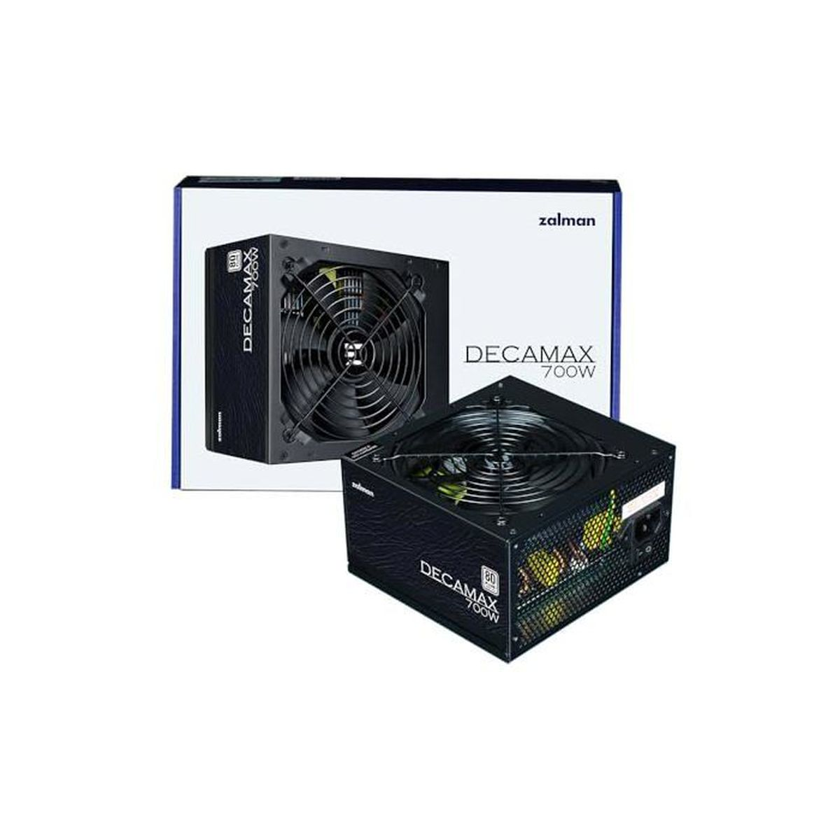 Alimentatore nero con ventola ed etichetta DECAMAX 700W.
