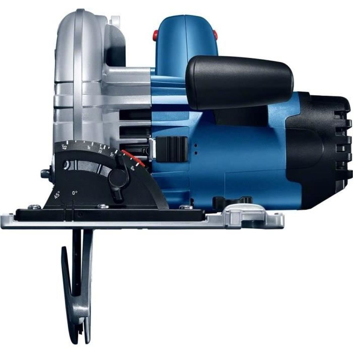 Ein blauer und silberner Kreissägenmotor mit schwarzem Griff und verstellbarer Basis.