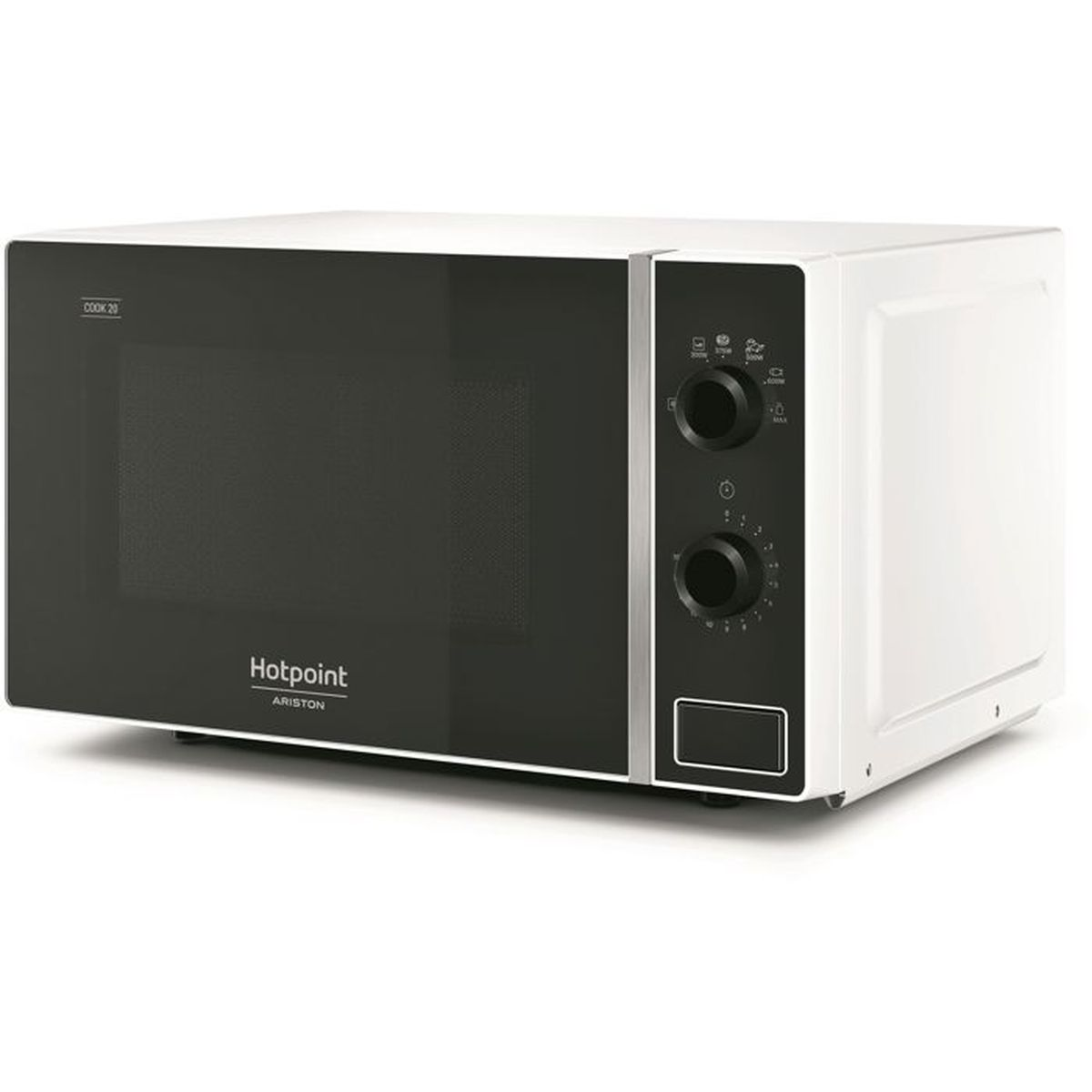 Ein weier Hotpoint-Mikrowellenherd mit schwarzer Tr und zwei Drehreglern.