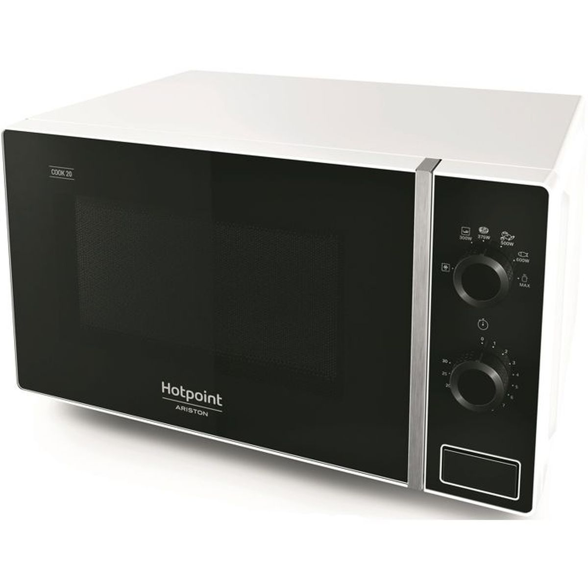 Eine weiße Hotpoint Ariston Mikrowelle mit schwarzer Tür und silberner Zierleiste, mit Bedienknöpfen.