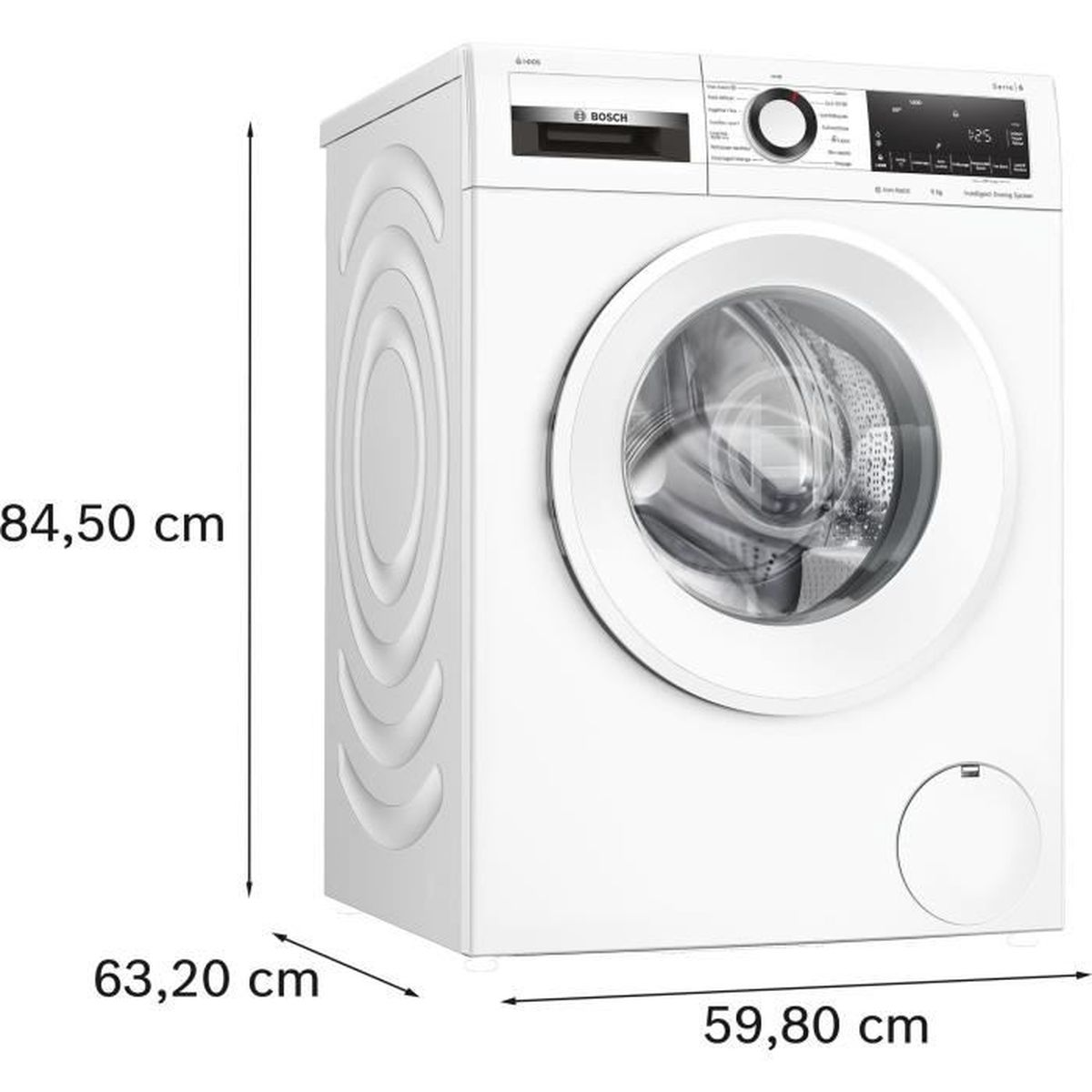 White Bosch front-load washing machine, dimensions: 84.5x63.2x59.8cm.