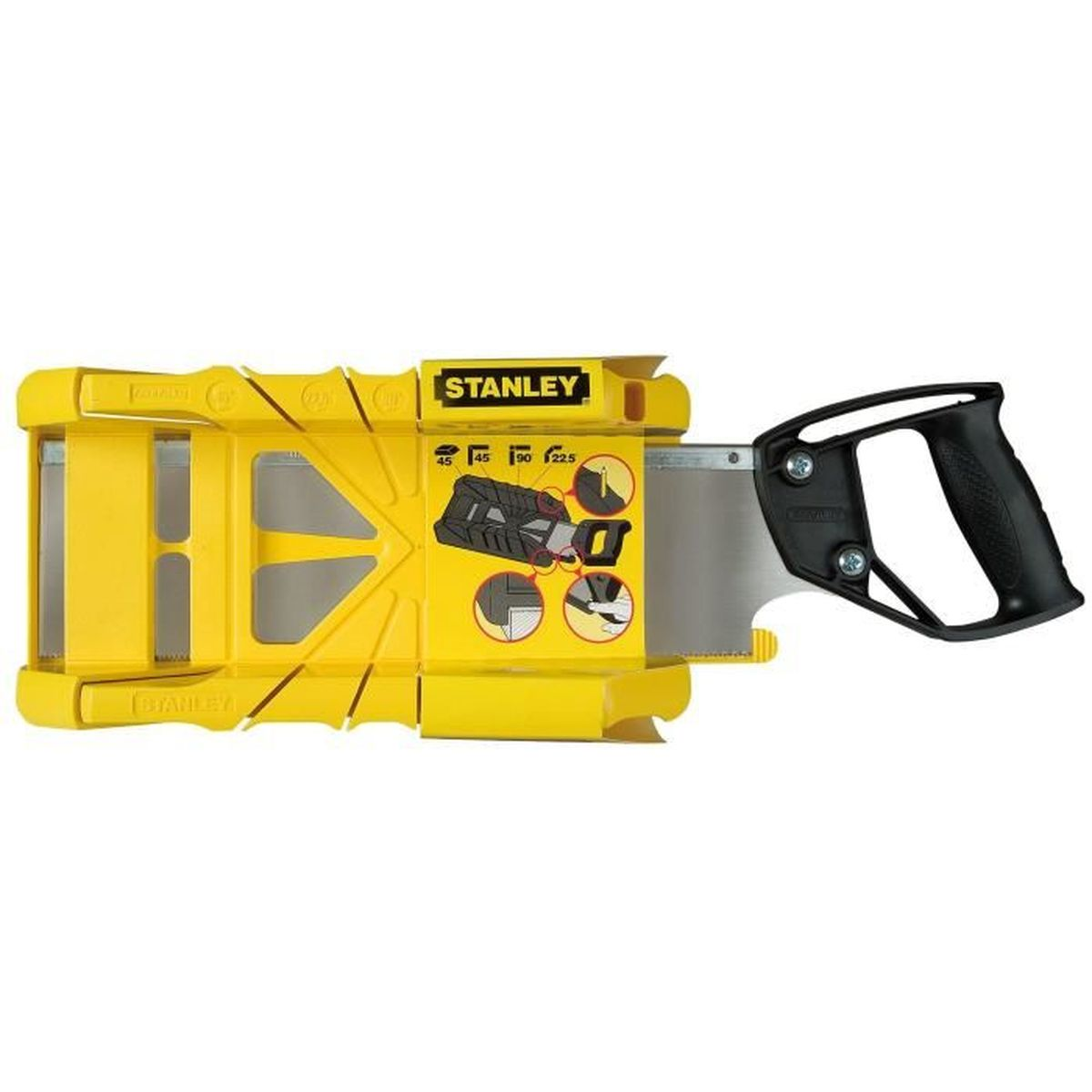 Ein gelber Stanley-Gehrungsstock mit Säge und schwarzem Griff.