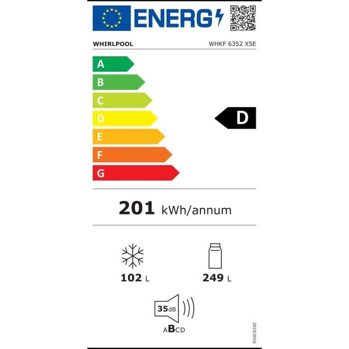 Etiqueta energética clase D, 201 kWh/año, 102L congelador, 249L frigorífico.