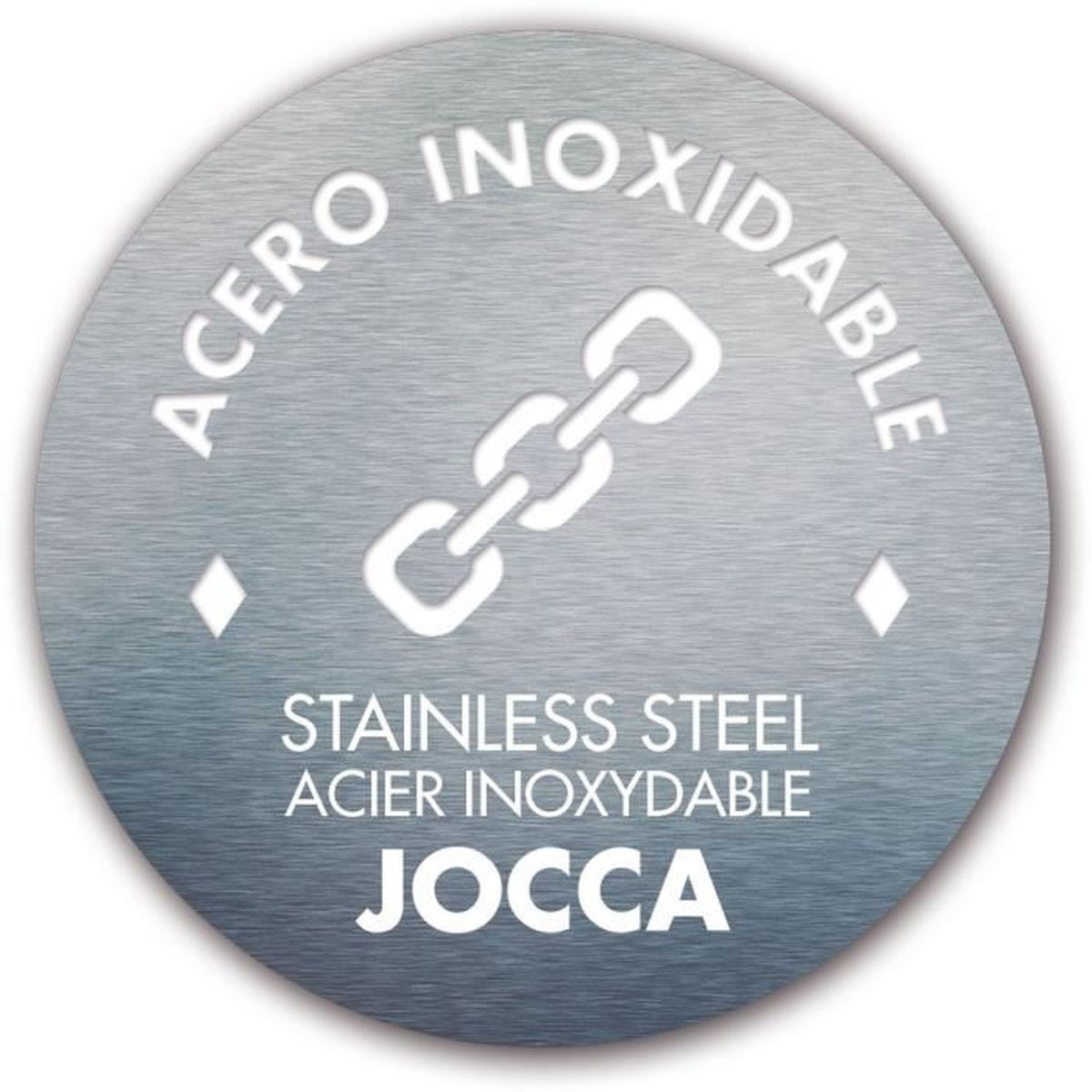 Silbernes Emblem mit Kette, Text 'Stainless Steel'.