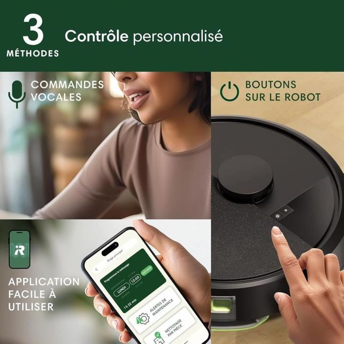 Młoda dziewczyna mówi. Smartfon pokazuje aplikację. Robot sprzątający.