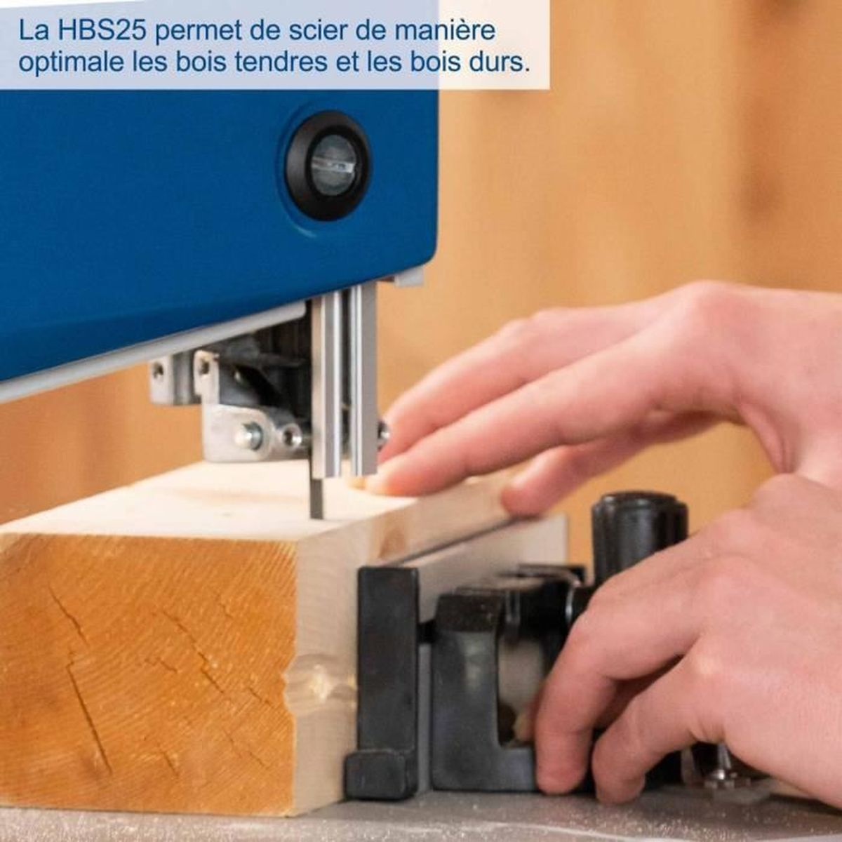 Eine blaue Bandsäge schneidet ein Holzstück. Hände führen das Holz.