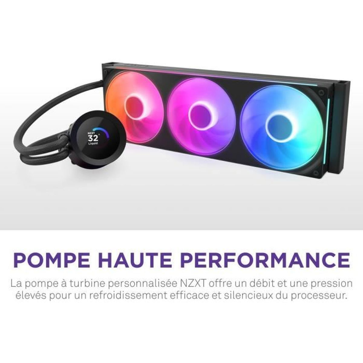 Chłodnica NZXT z trzema wentylatorami RGB i cyfrowym wyświetlaczem pompy.