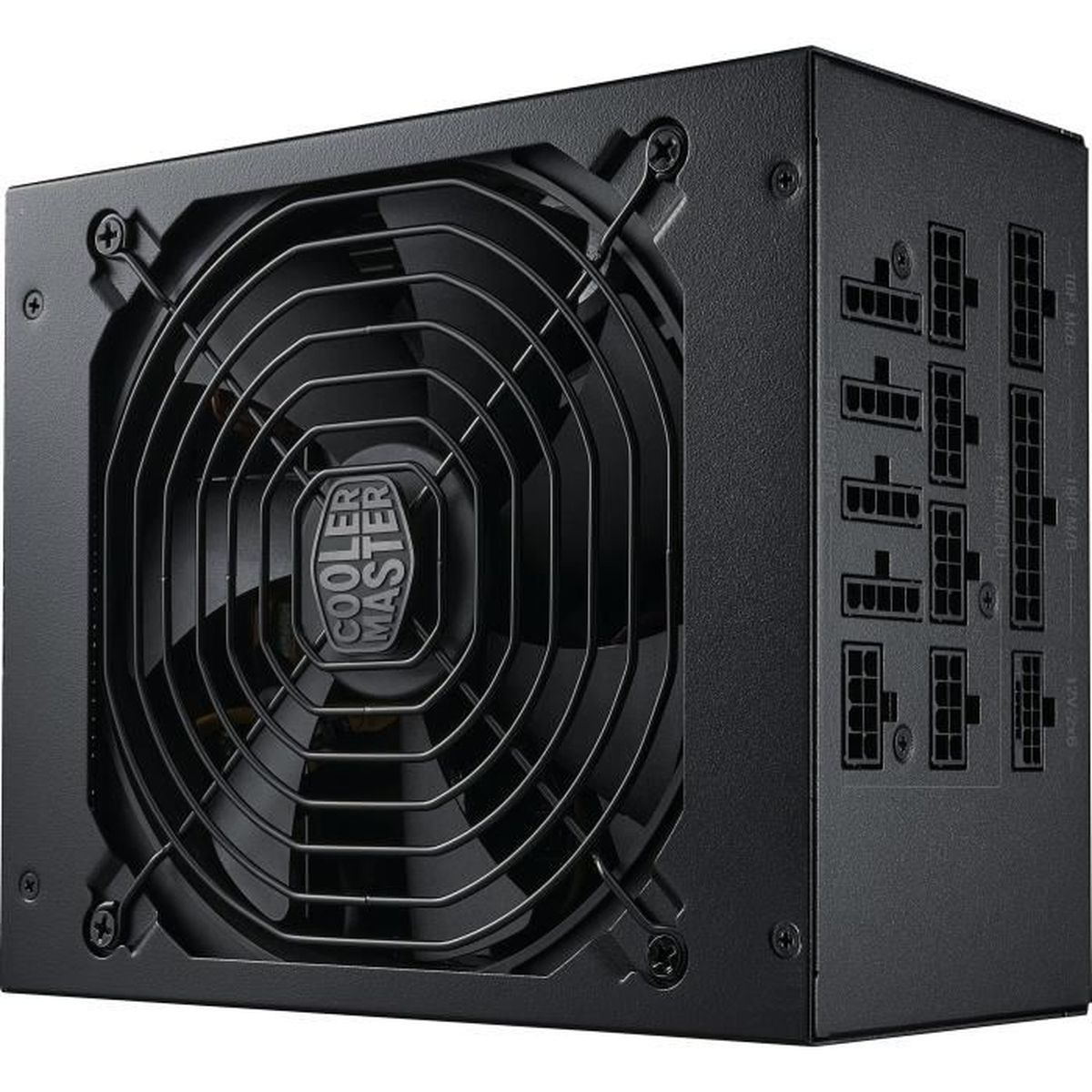 Black computer power supply unit with fan and connectors.