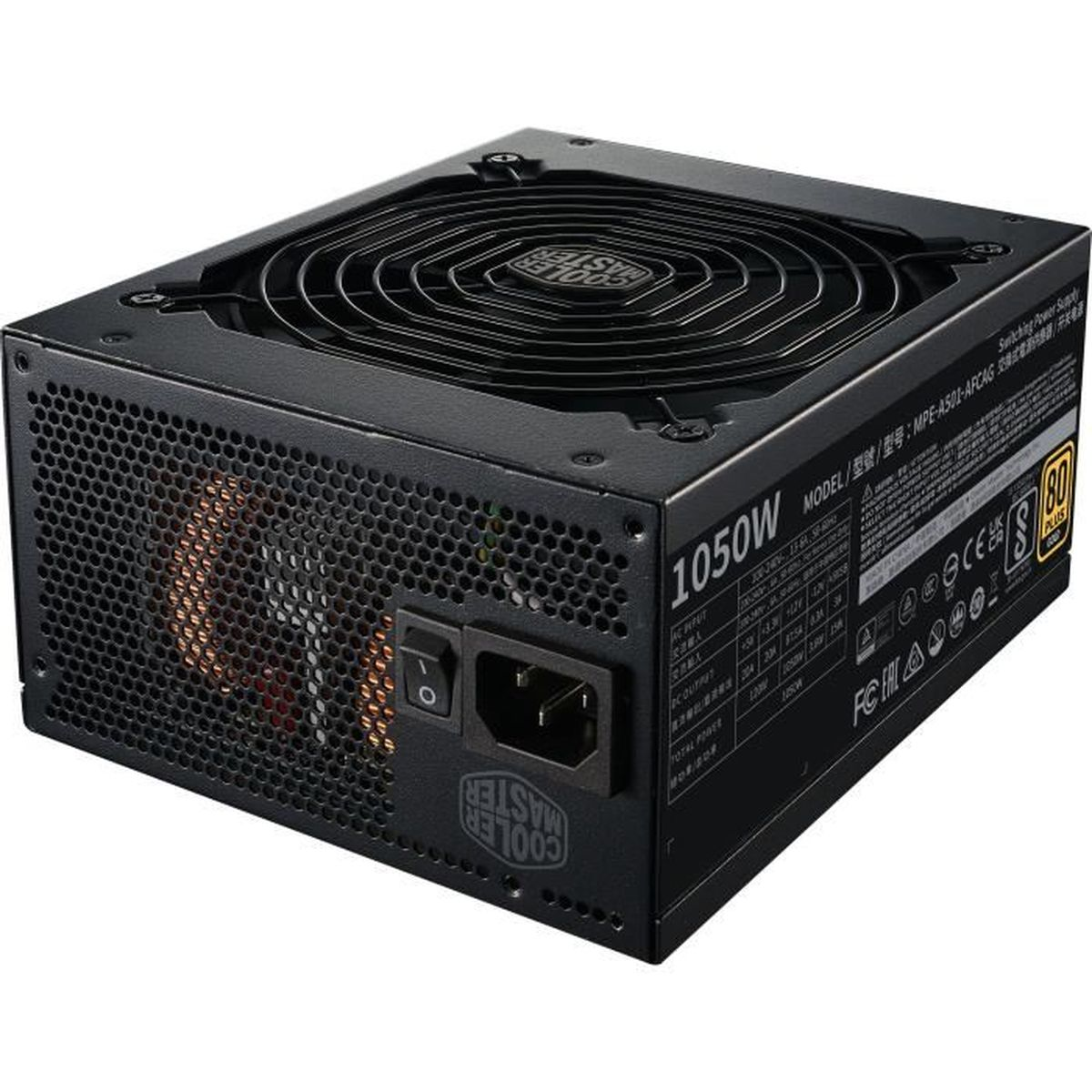 Black computer power supply unit with fan grille and 1050W label.