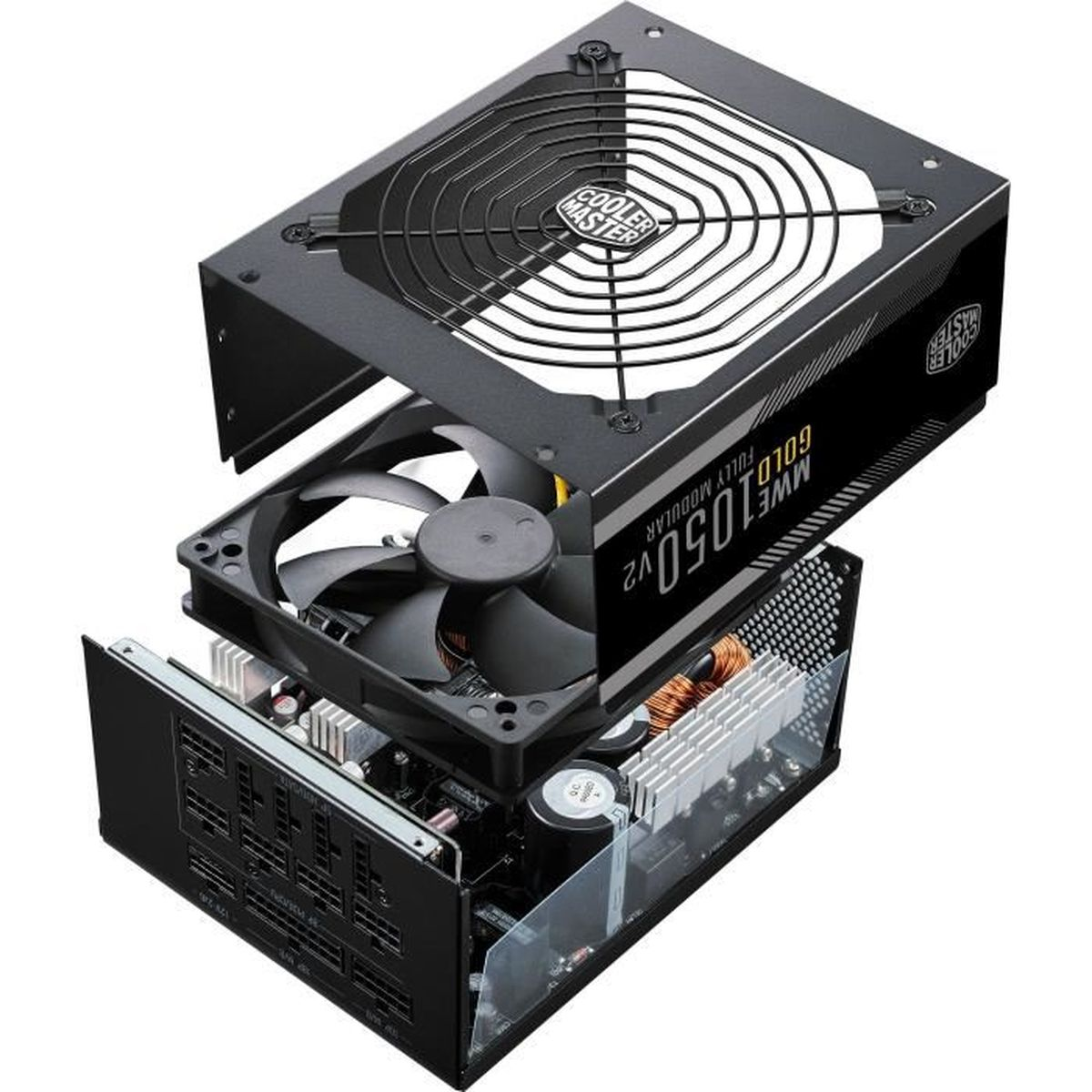 A disassembled power supply unit with fan, coils, and circuit boards on a white background.