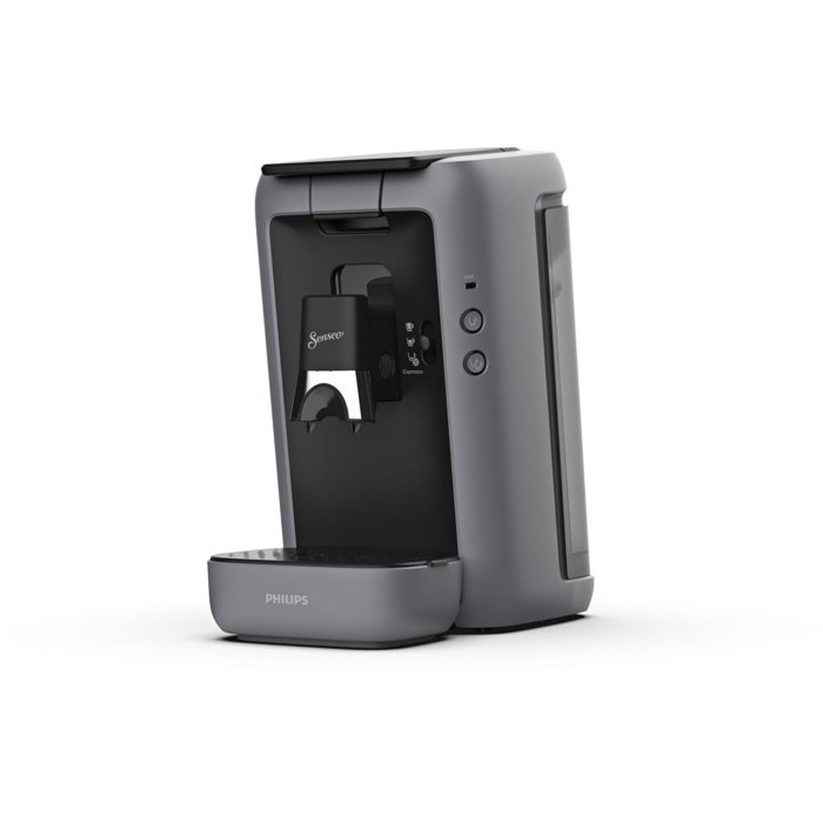 Graue Senseo-Kaffeemaschine mit Philips-Logo auf dem Abtropfblech.