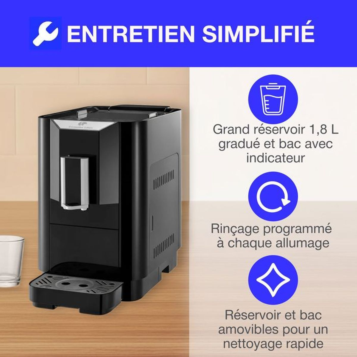 Macchina da caffè nera con serbatoio da 1,8L e funzioni di pulizia facili.