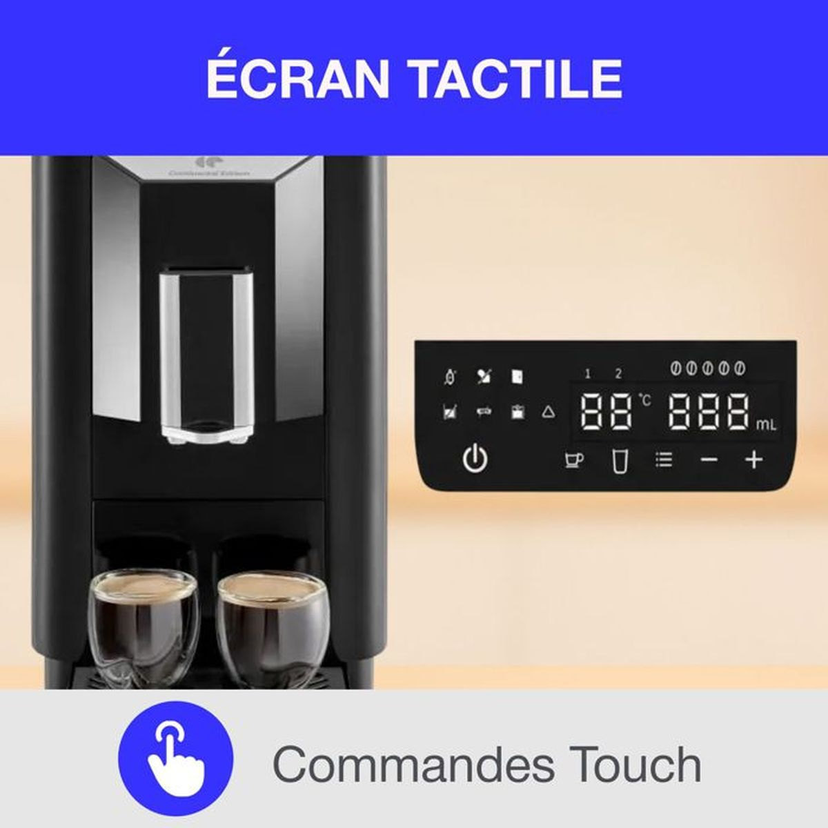 Macchina da caffè con due tazze e display touchscreen con impostazioni di temperatura e volume.