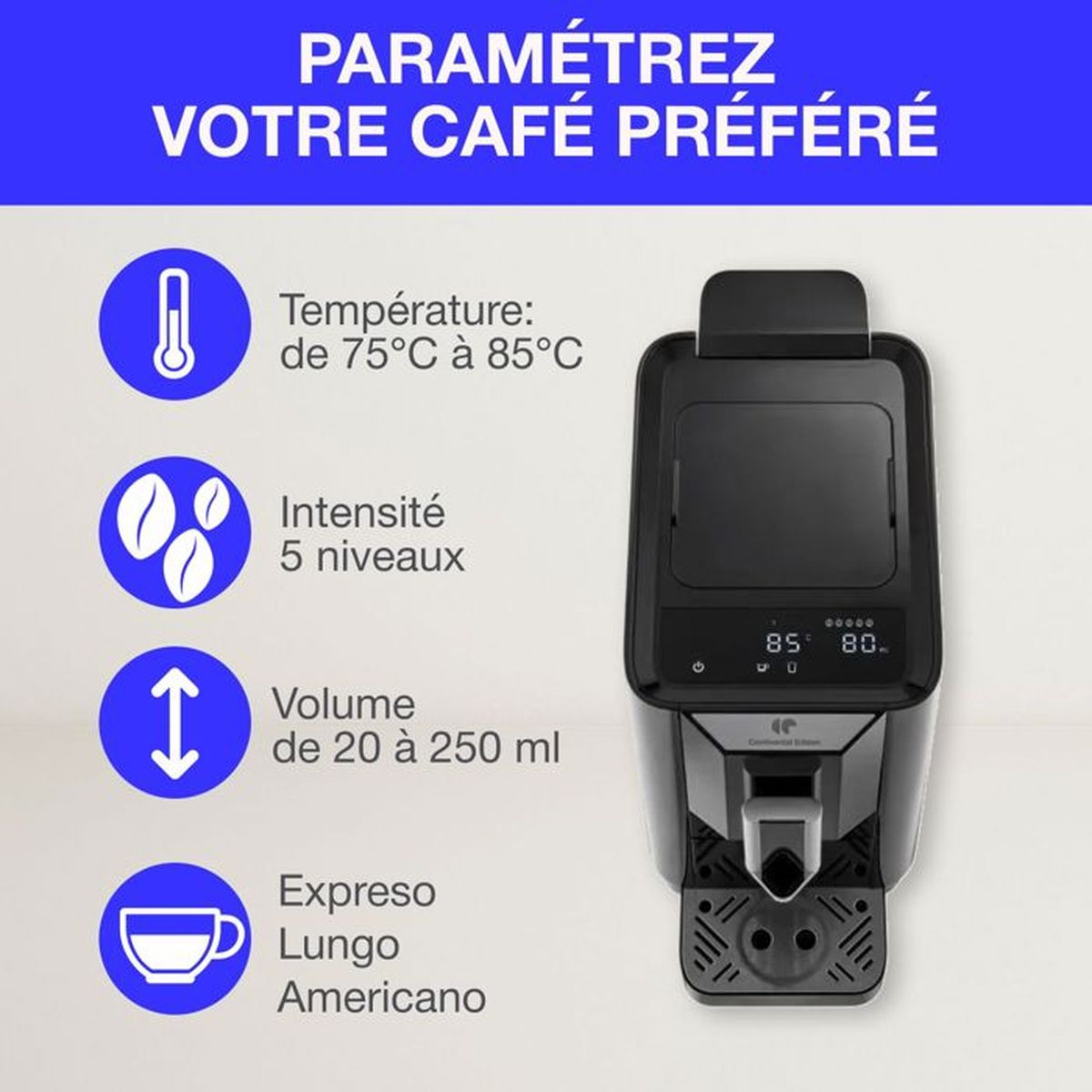 Macchina da caffè con impostazioni di temperatura, intensità e volume.