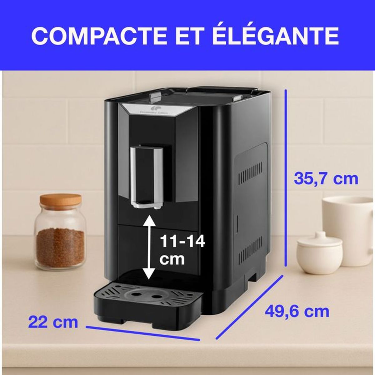 Una macchina da caffè nera con dimensioni: altezza 35,7cm, larghezza 22cm, profondità 49,6cm.