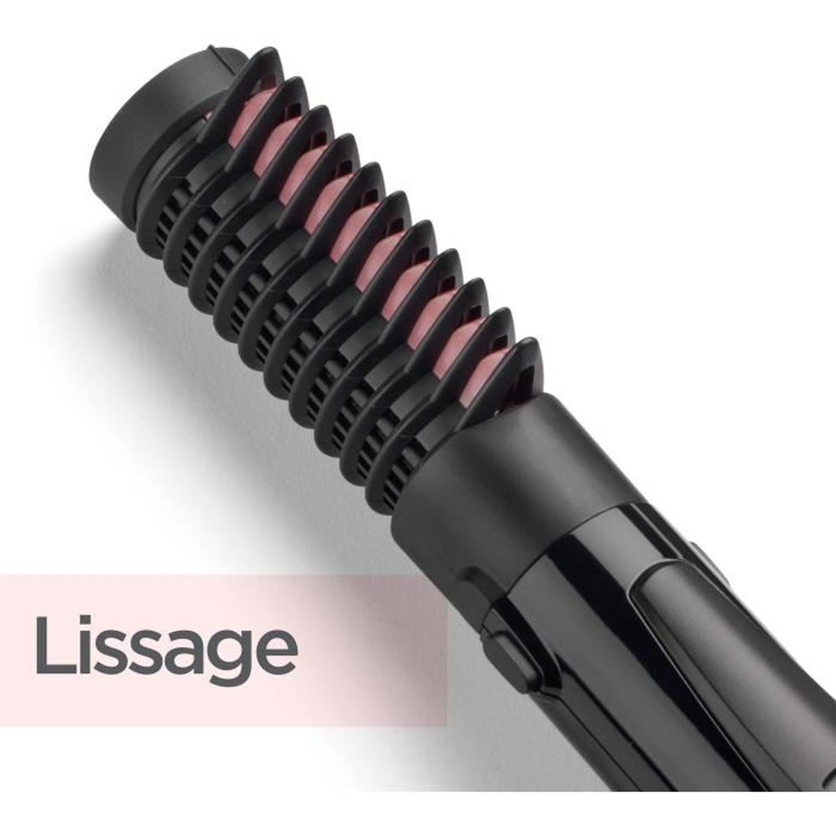 Czarna prostownica do włosów z obrotowymi wałkami i różowymi akcentami.