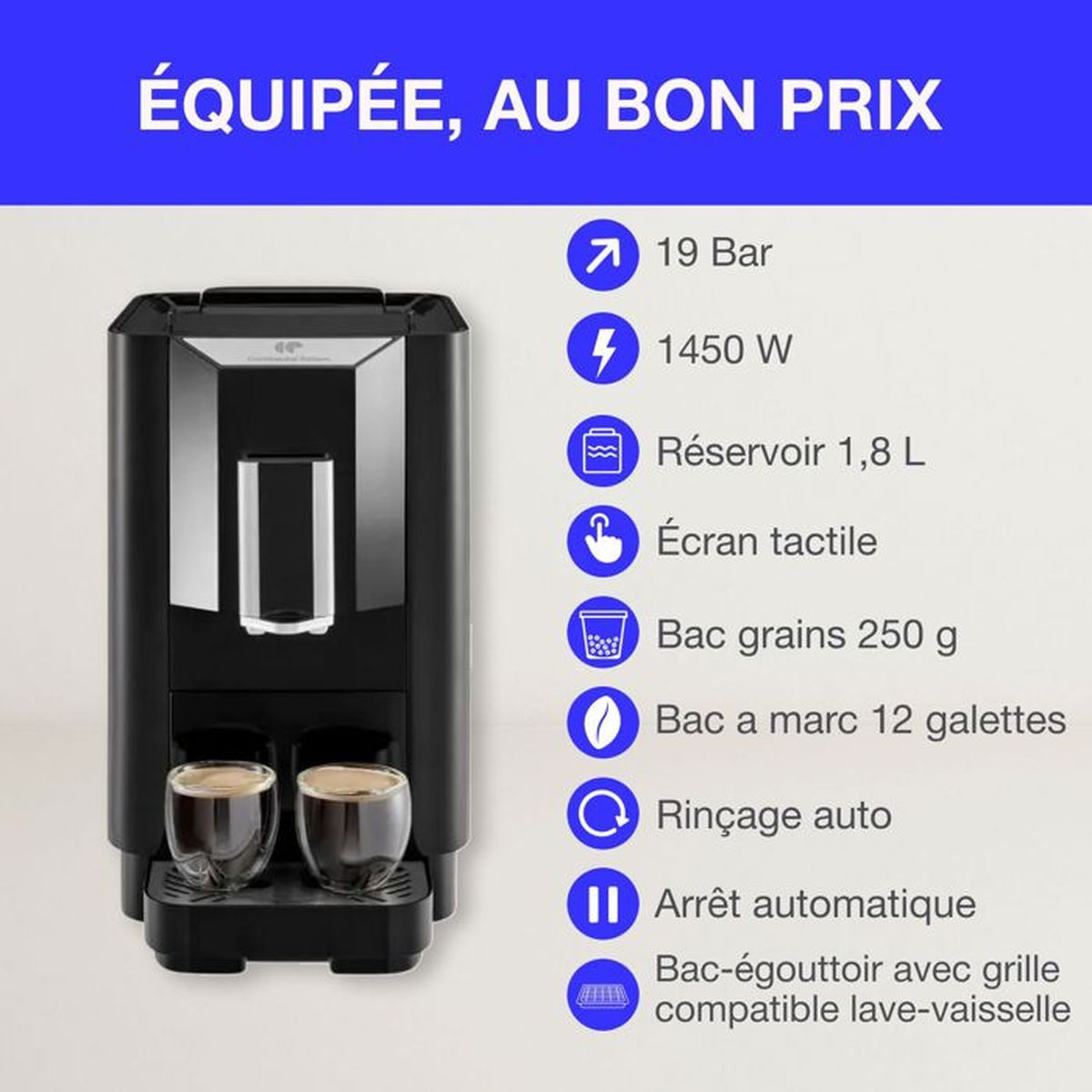 Macchina da caffè con 2 tazze, 19 Bar, 1450 W, serbatoio da 1,8 L.