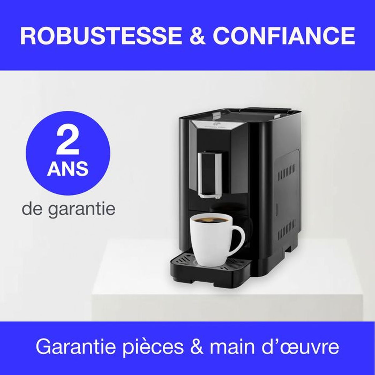 Macchina da caffè nera con tazza, 2 anni di garanzia.