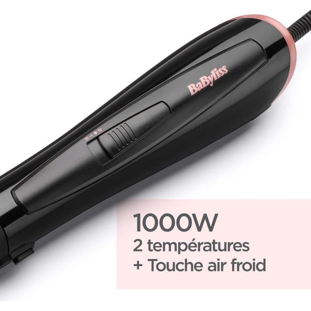 Czarna suszarka do włosów z różowo-złotymi akcentami i kontrolkami.