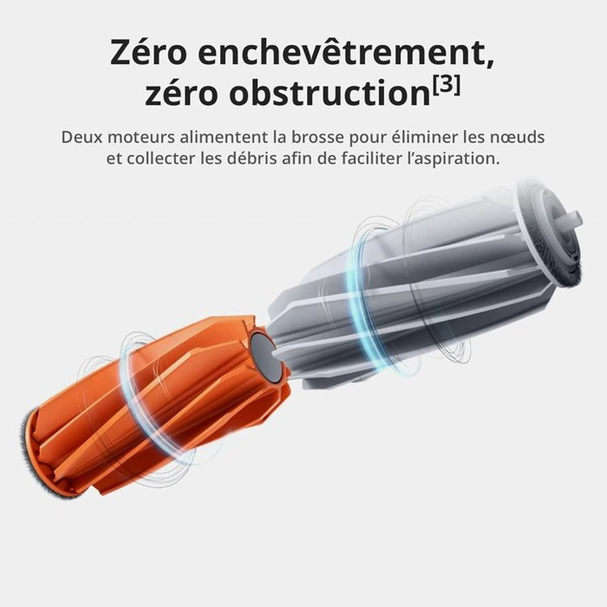 Pomarańczowe i szare głowice szczotki obracające się w celu zbierania zanieczyszczeń.