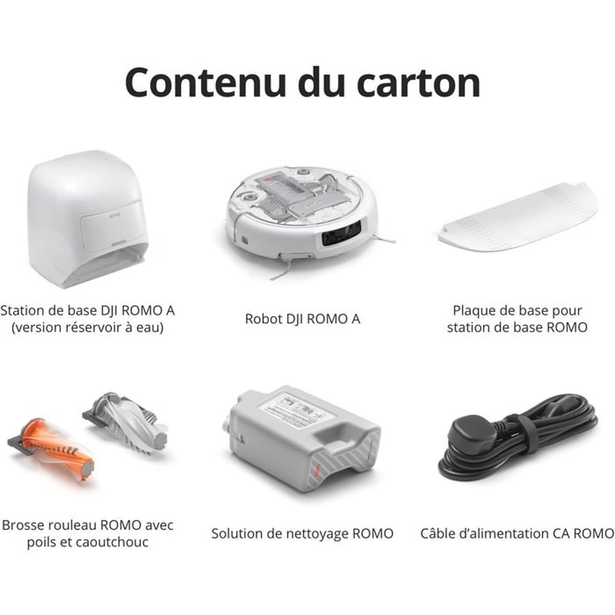 Zawartość pudełka: Stacja ładująca, robot, płyta bazowa, szczotka, roztwór czyszczący, kabel zasilający.