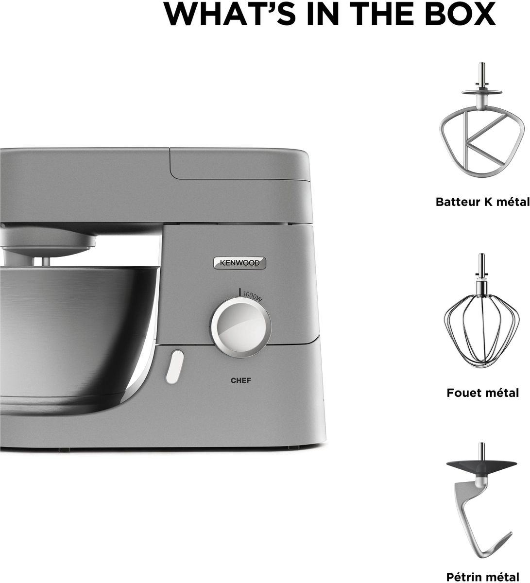 Gray Kenwood stand mixer body with K-beater, whisk, and dough hook attachments.