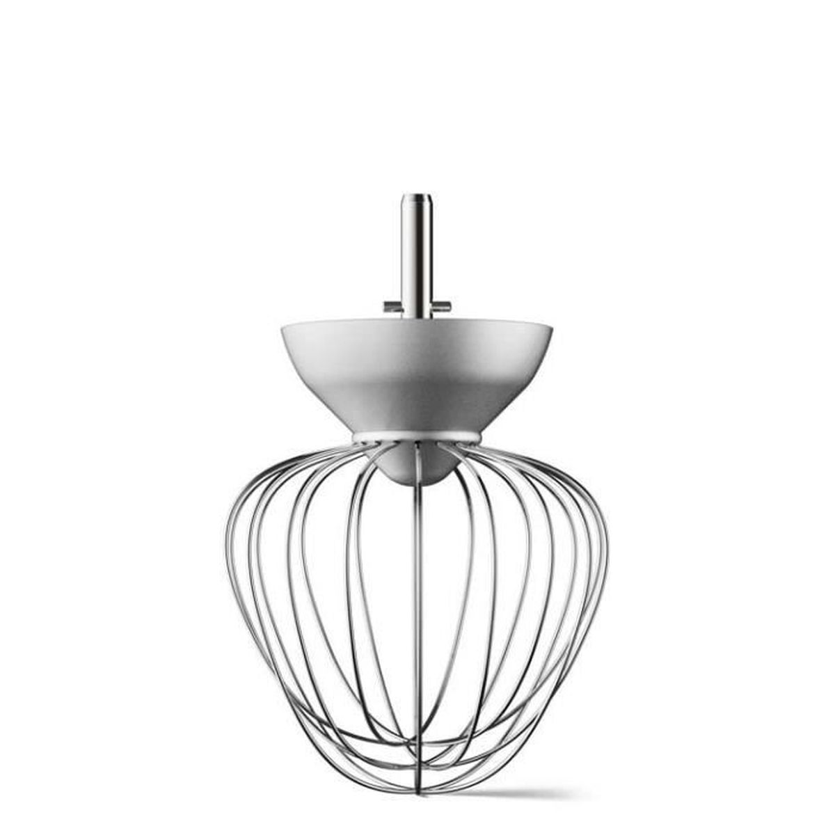 A silver whisk with a conical attachment, isolated on a white background.