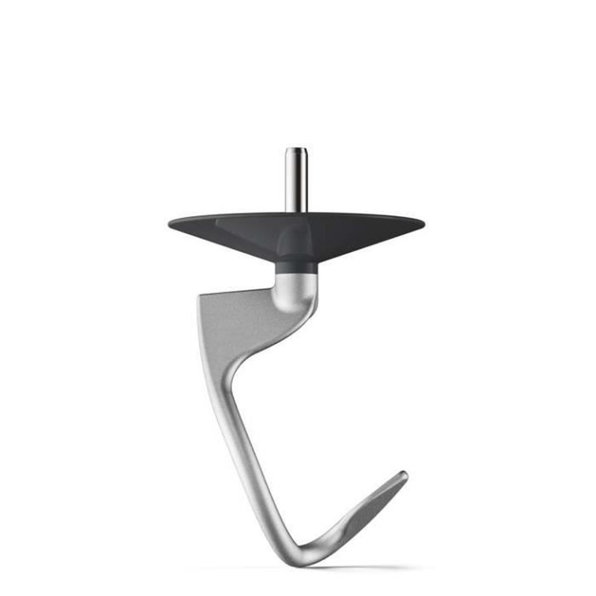 A silver dough hook with a black cover on a white background.