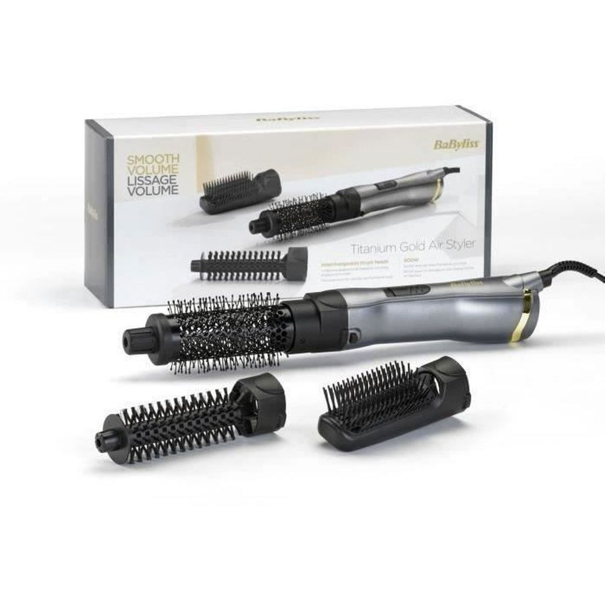 Een zilverkleurige BaByliss air styler met gouden accenten en drie opzetstukken.