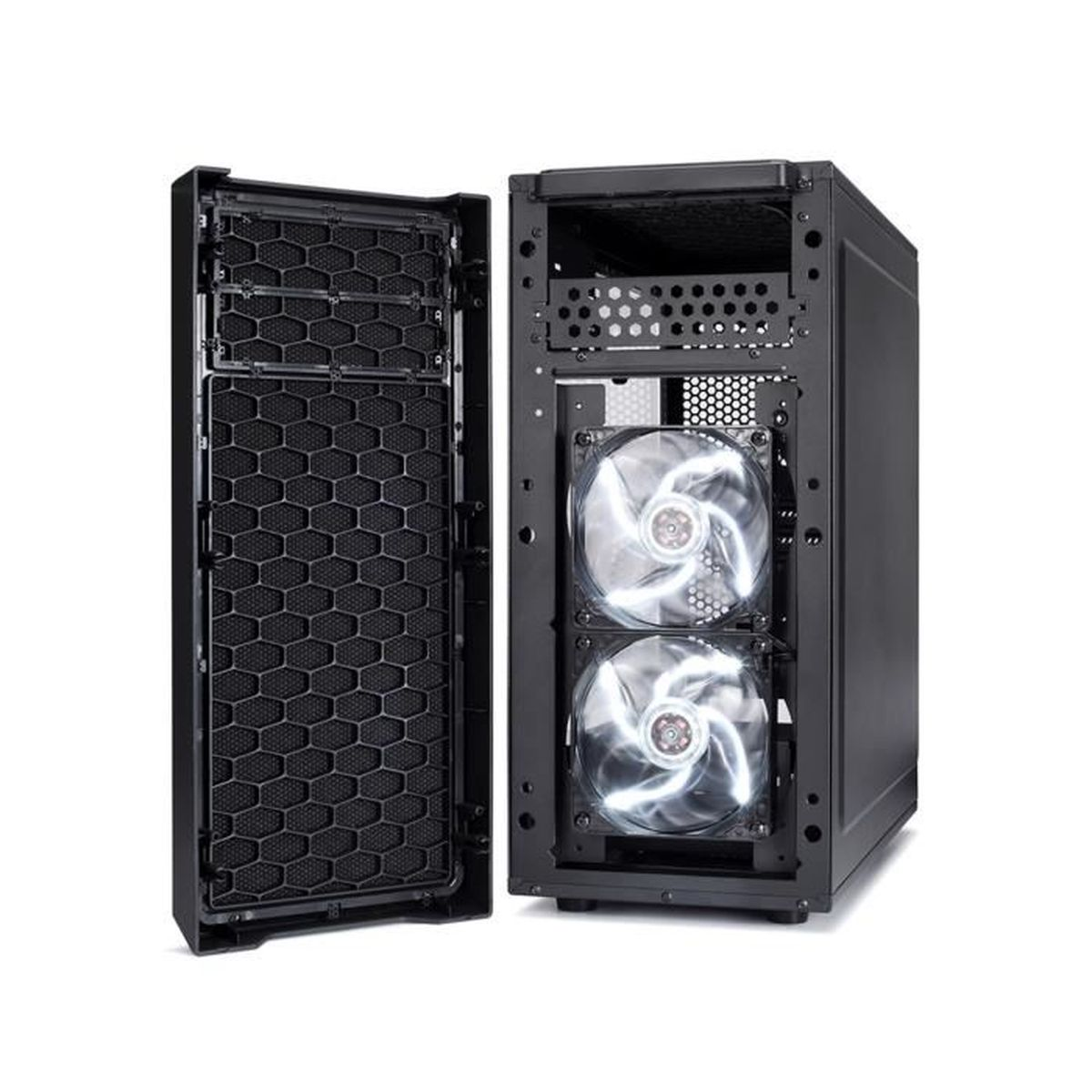 Ein offener schwarzer PC-Tower mit zwei Lüftern im Inneren und einer Gittertür.