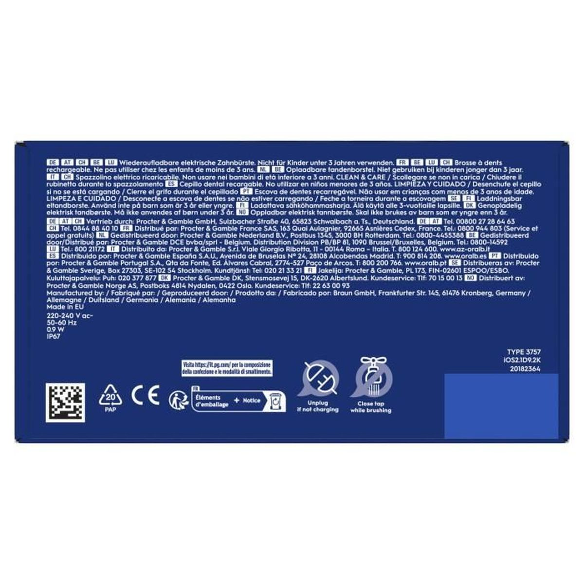 Szczoteczka elektryczna z informacjami o użytkowaniu, producencie i danych technicznych.