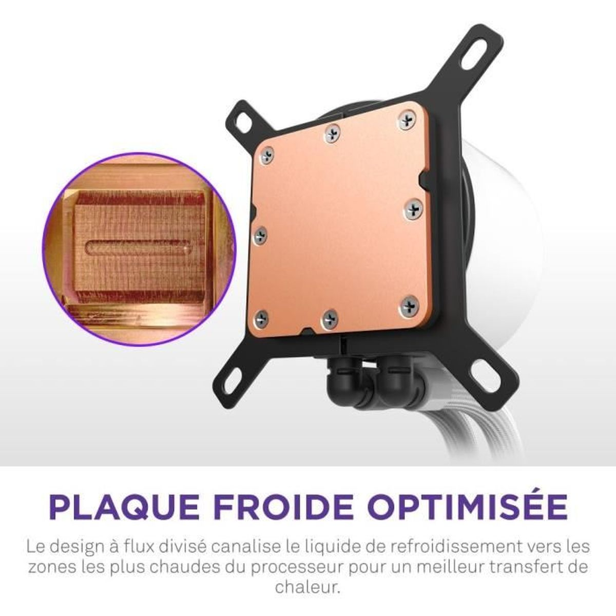 Copper CPU cooler plate with black mounting bracket and close-up view.