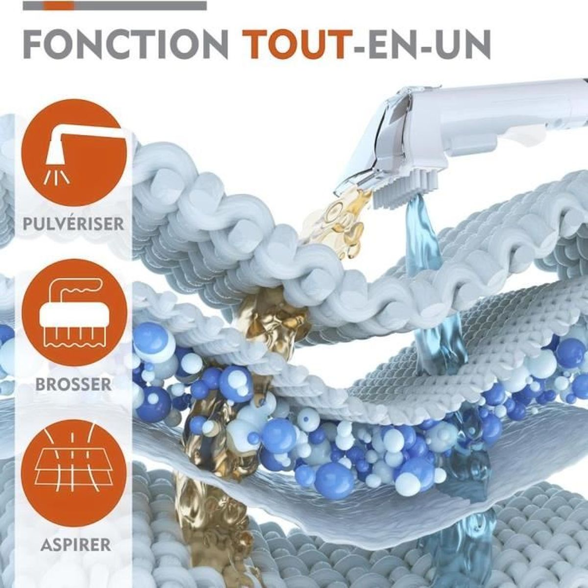 Un dispositivo spruzza, spazzola e aspira polvere e liquido da superfici tessili.