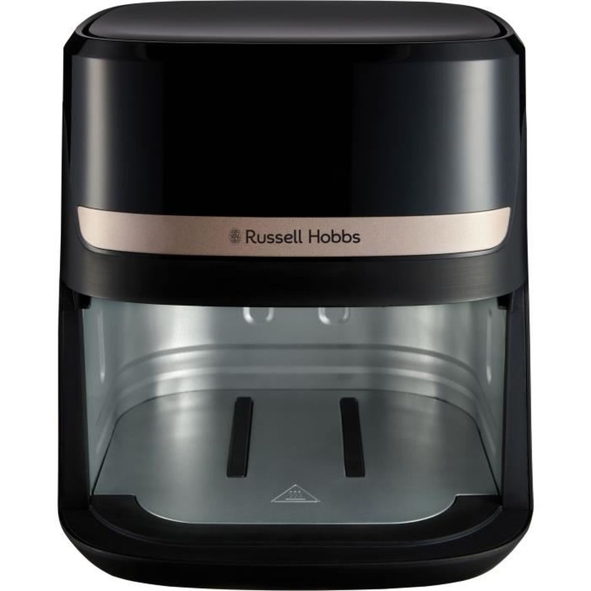 Ein schwarzer Russell Hobbs Heißluftfritteuse mit sichtbarem Innenraum.