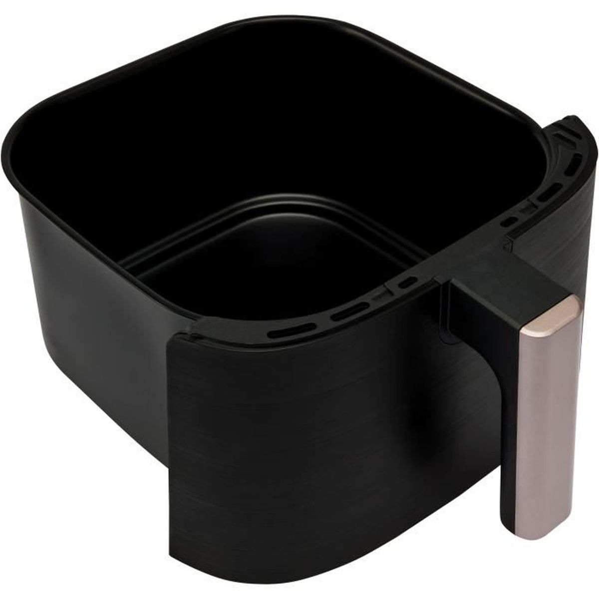 Ein schwarzer Airfryer-Korb mit Griff aus gebürstetem Metall.