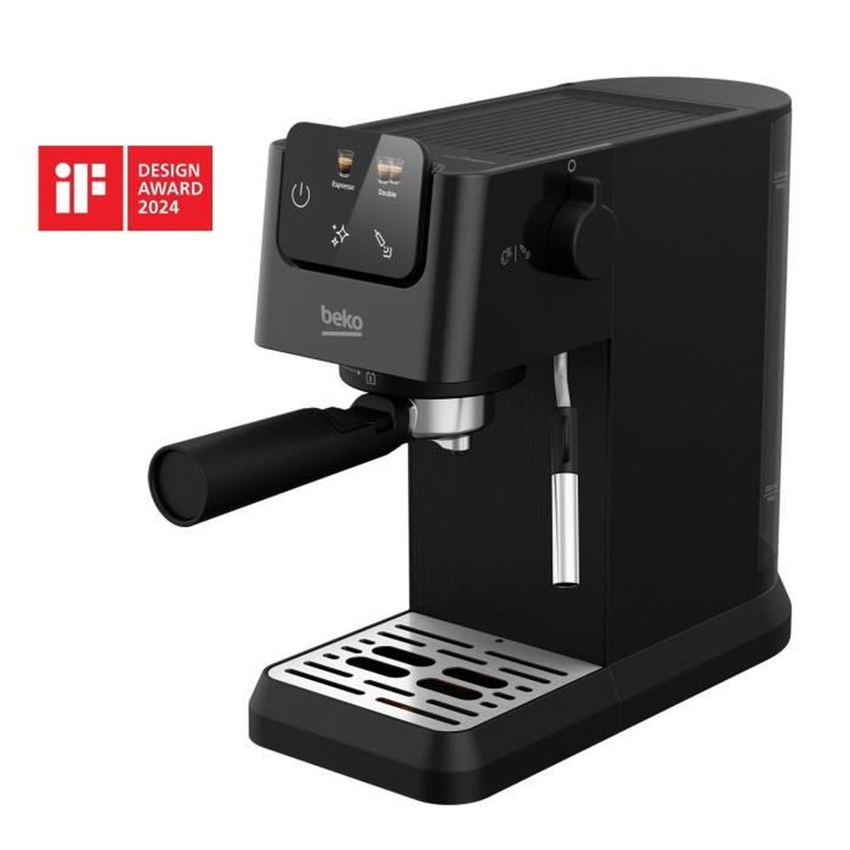 Schwarze Kaffeemaschine mit silberner Abtropffläche und if-Design-Award-Siegel.