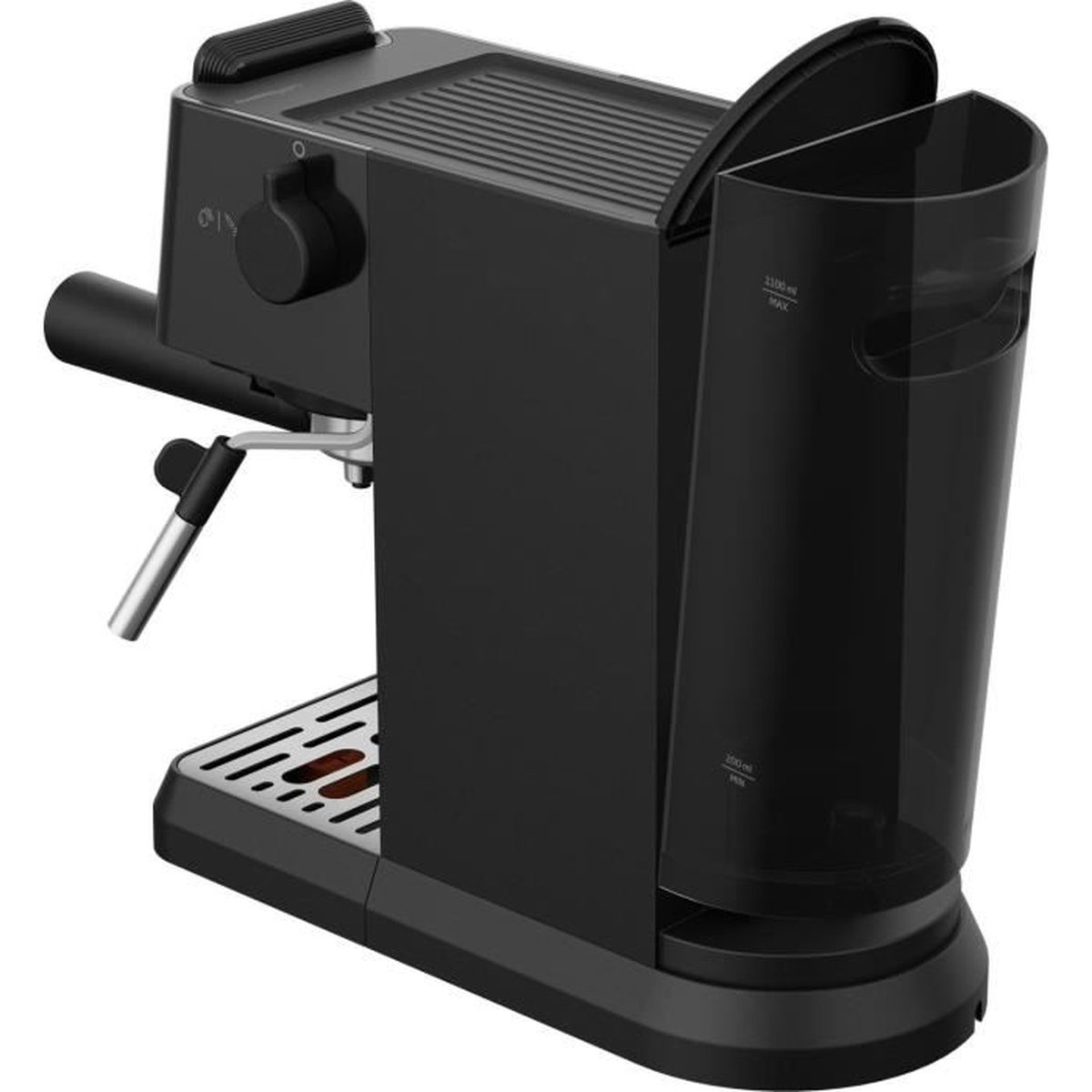 Schwarze Kaffeemaschine mit abnehmbarem Wassertank und Dampfdüse.