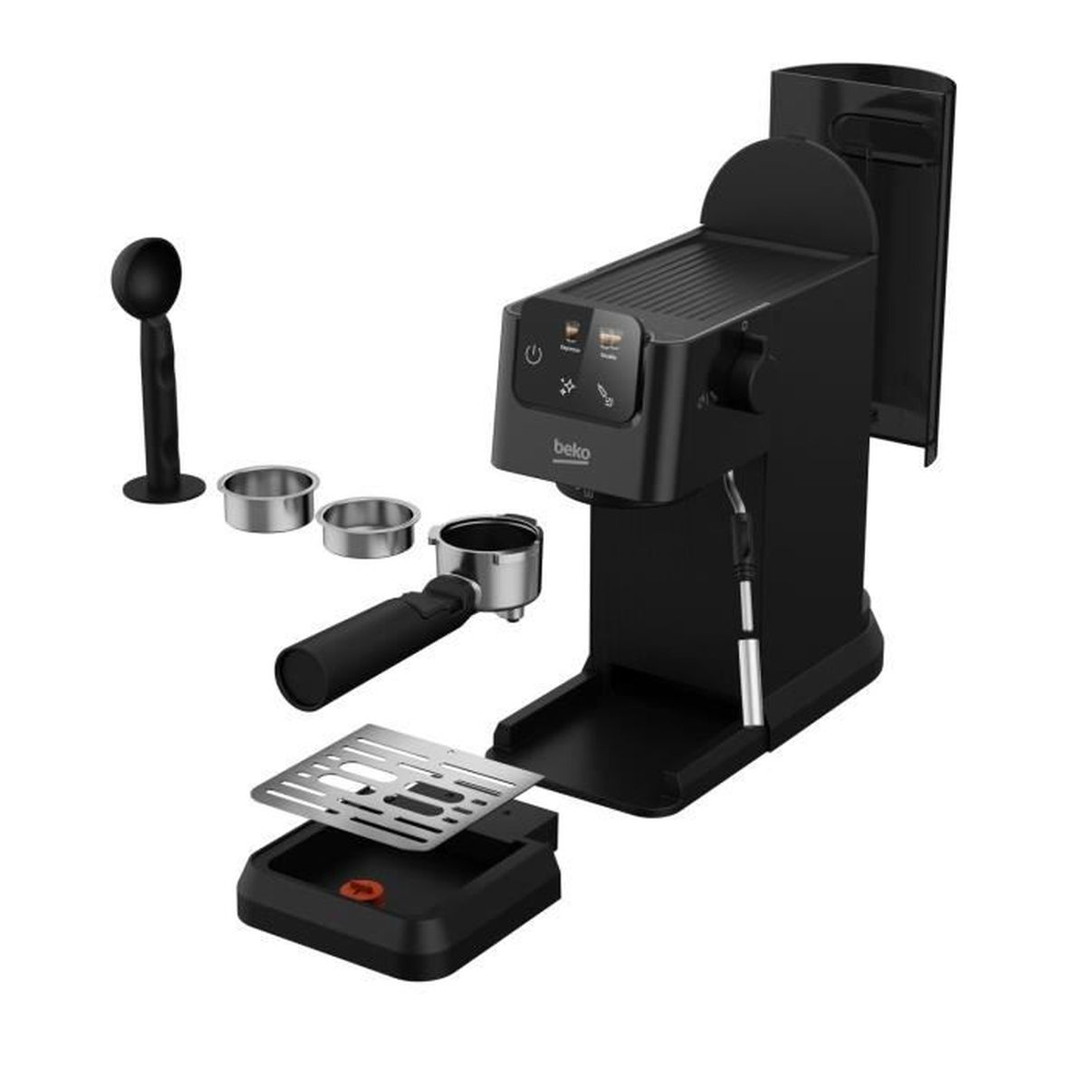 Schwarze Kaffeemaschine mit Zubehör: Siebträger, Löffel, Tassen, Abtropfschale.
