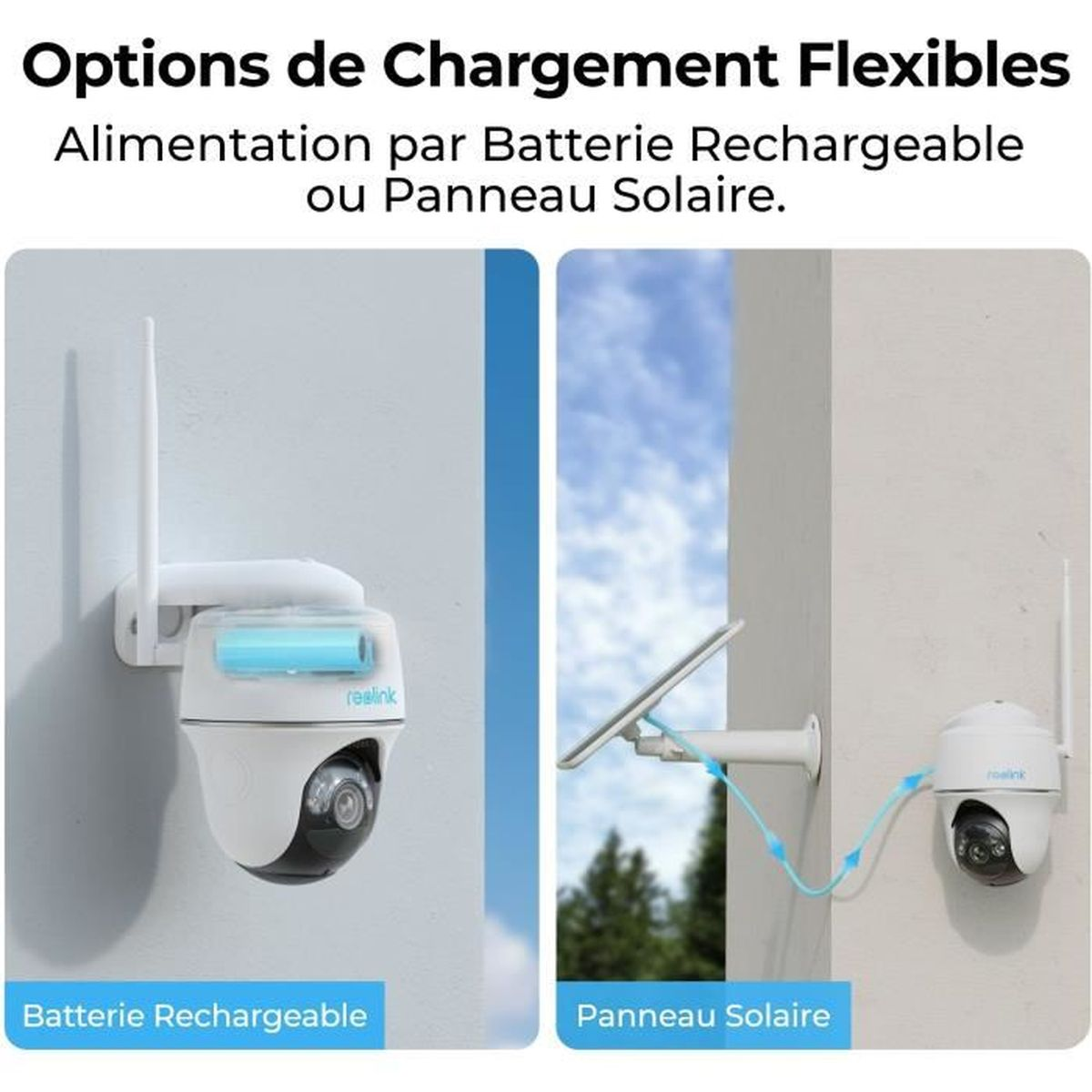 Reolink Kameras: Akku- oder Solarstromoptionen. Links: Akku. Rechts: Solarpanel.