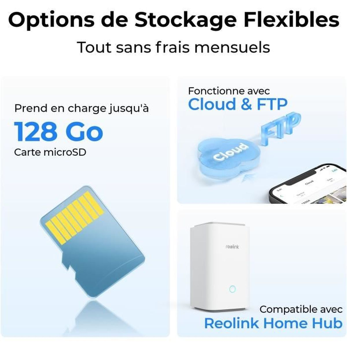 Bild zeigt Mikro-SD-Karte, Cloud- und FTP-Symbole, Smartphone und Reolink Home Hub.