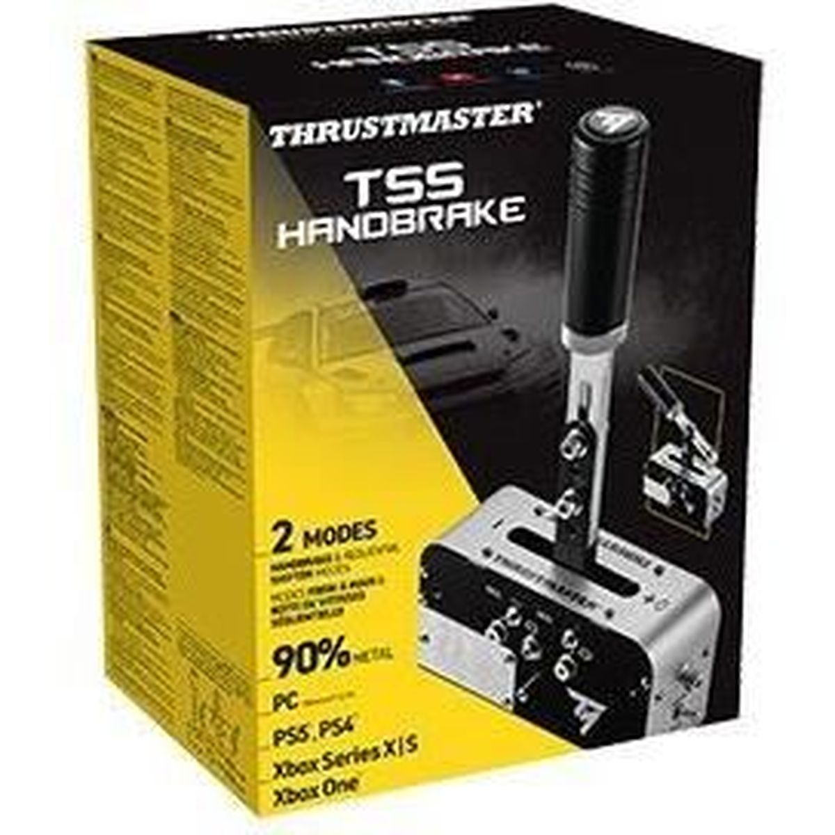 Thrustmaster TSS Handbrake Box mit Rennwagen-Grafik und Kompatibilitätsinfo.