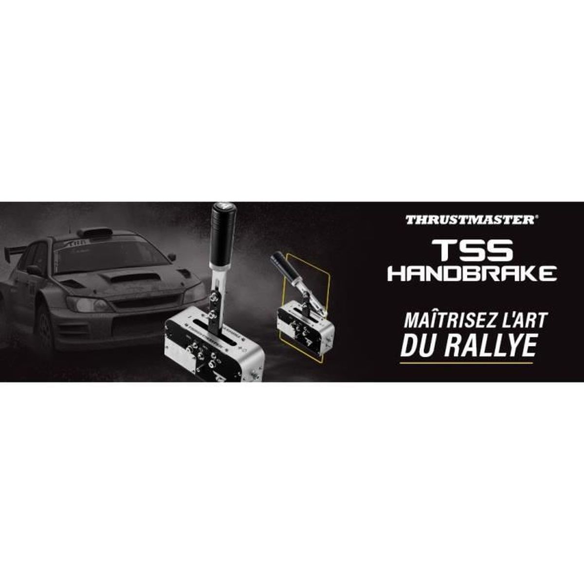 Ein Rallyeauto und zwei Thrustmaster TSS Handbremsen auf schwarzem Hintergrund.