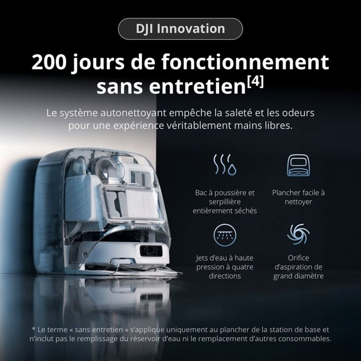 Odkurzacz automatyczny ze stacją dokującą. Podkreślono "200 dni bez konserwacji".