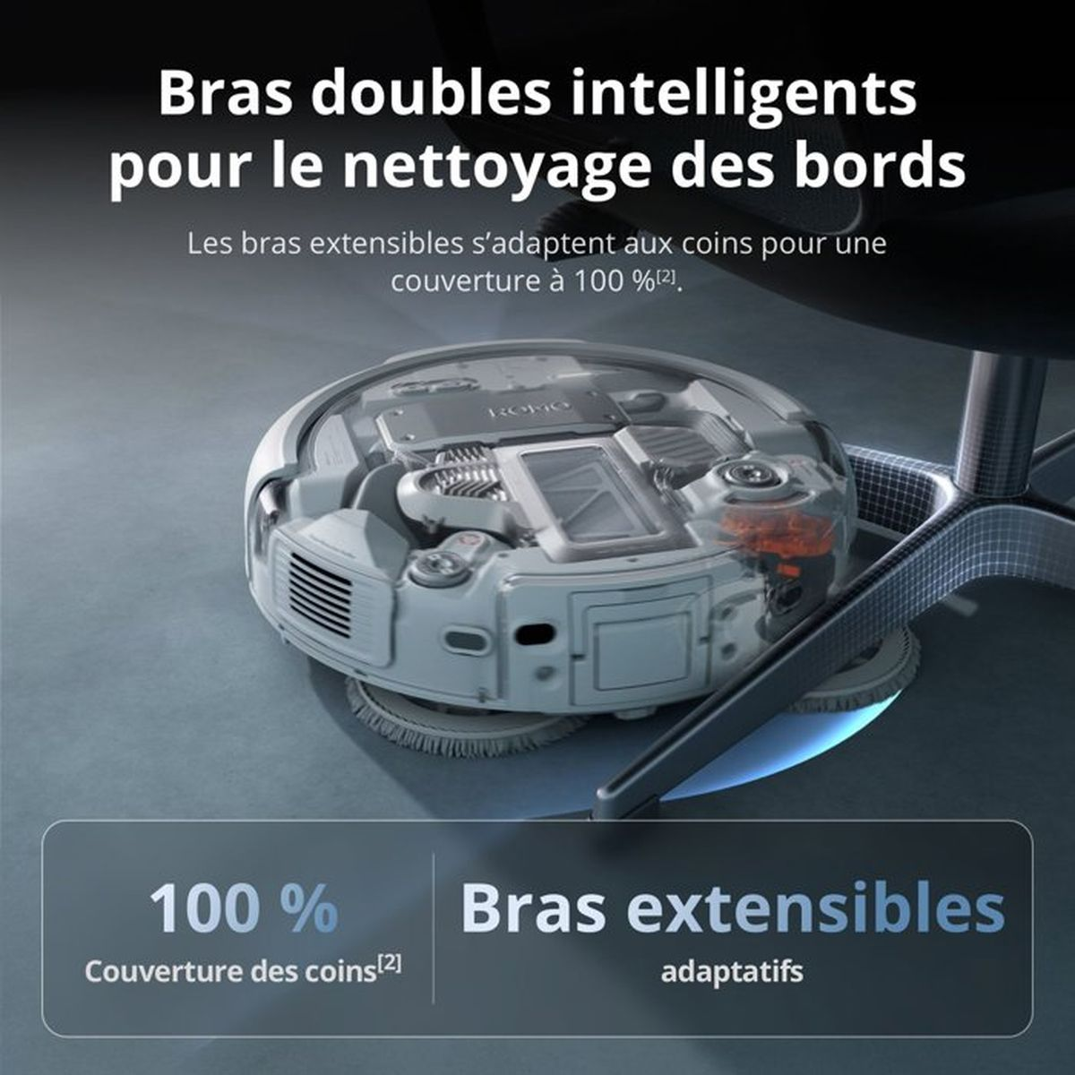 Biały robot sprzątający z przezroczystą górą czyści róg.