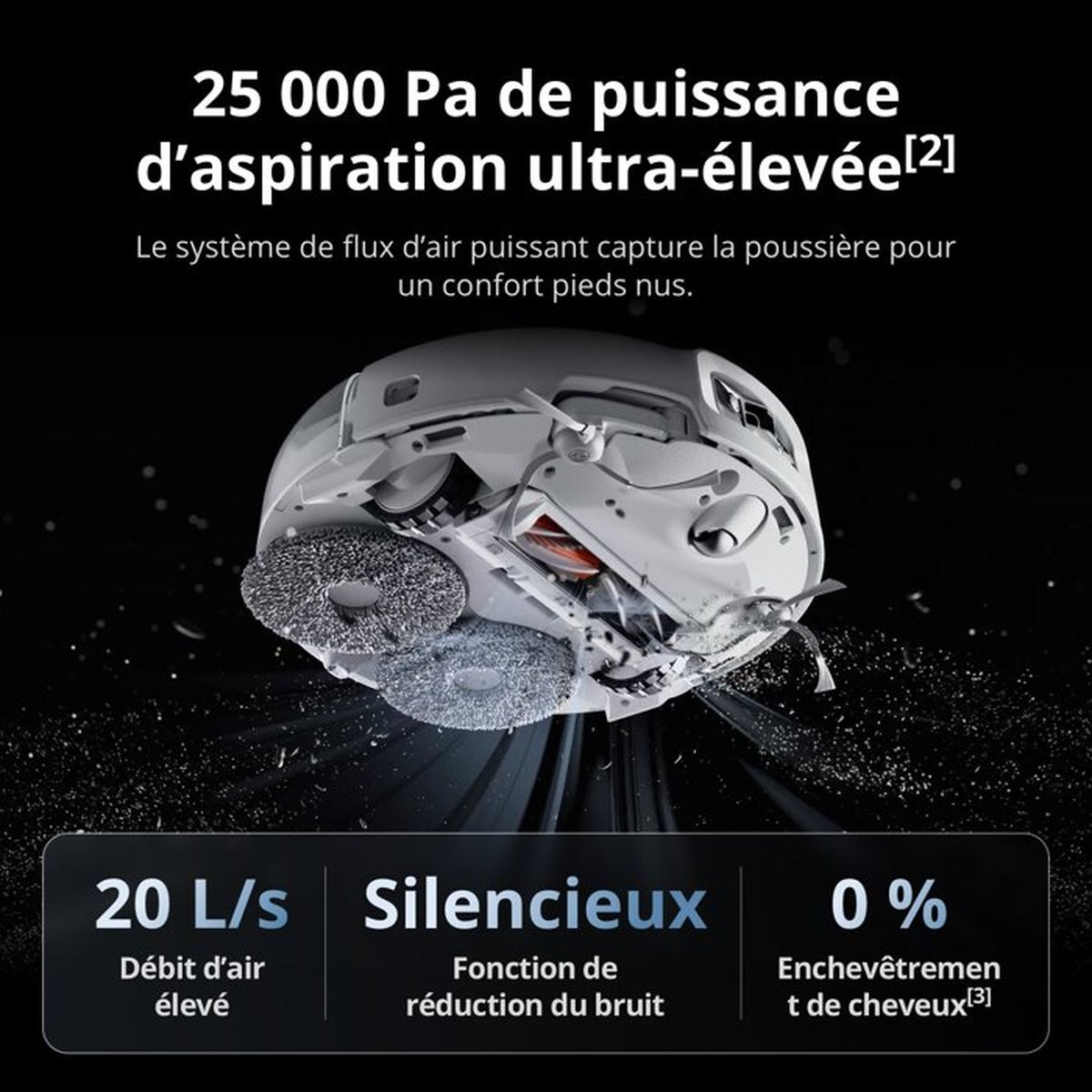 Biały robot sprzątający z dwoma obrotowymi szczotkami odkurza kurz.