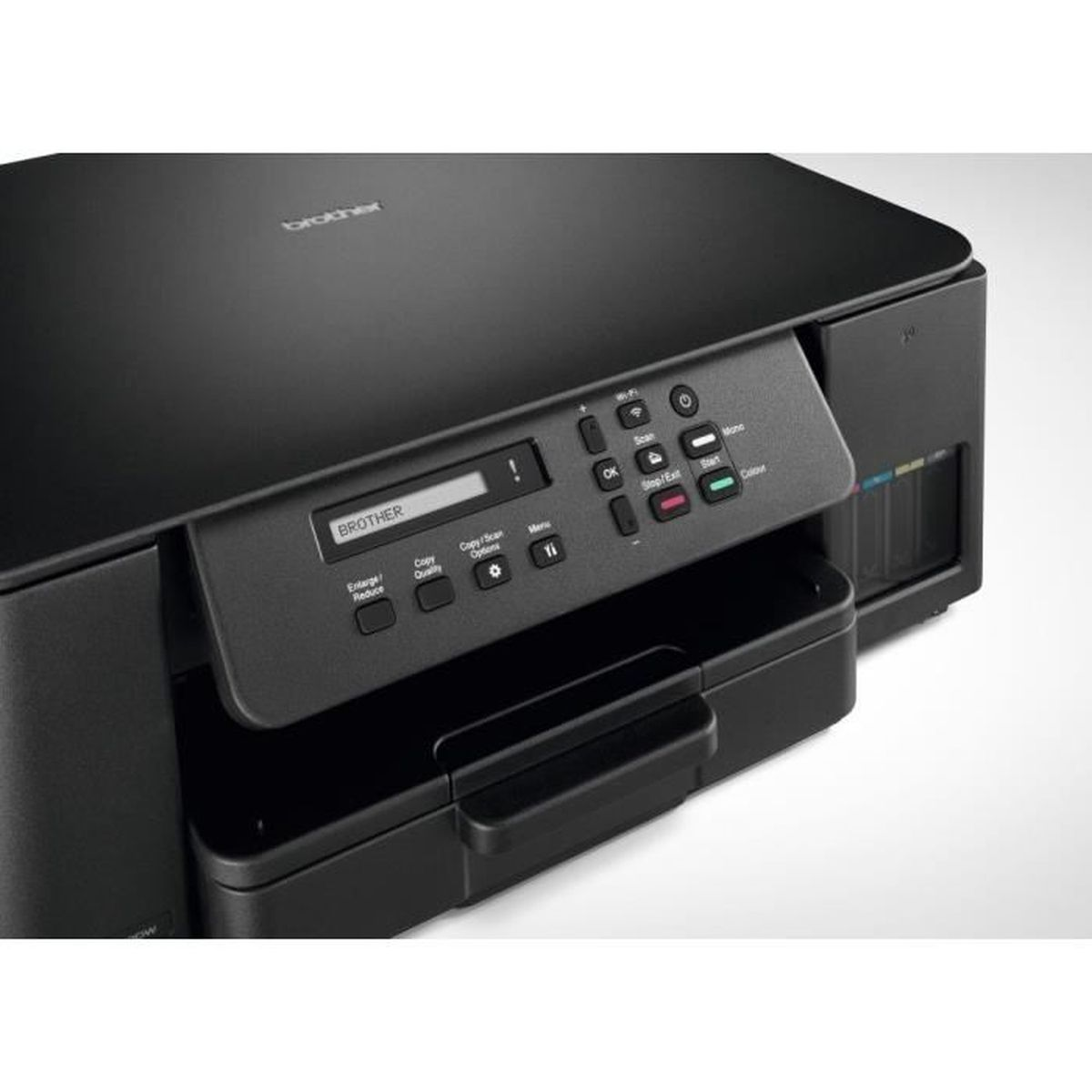 Czarna drukarka Brother z panelem sterowania i zbiornikami na tusz.