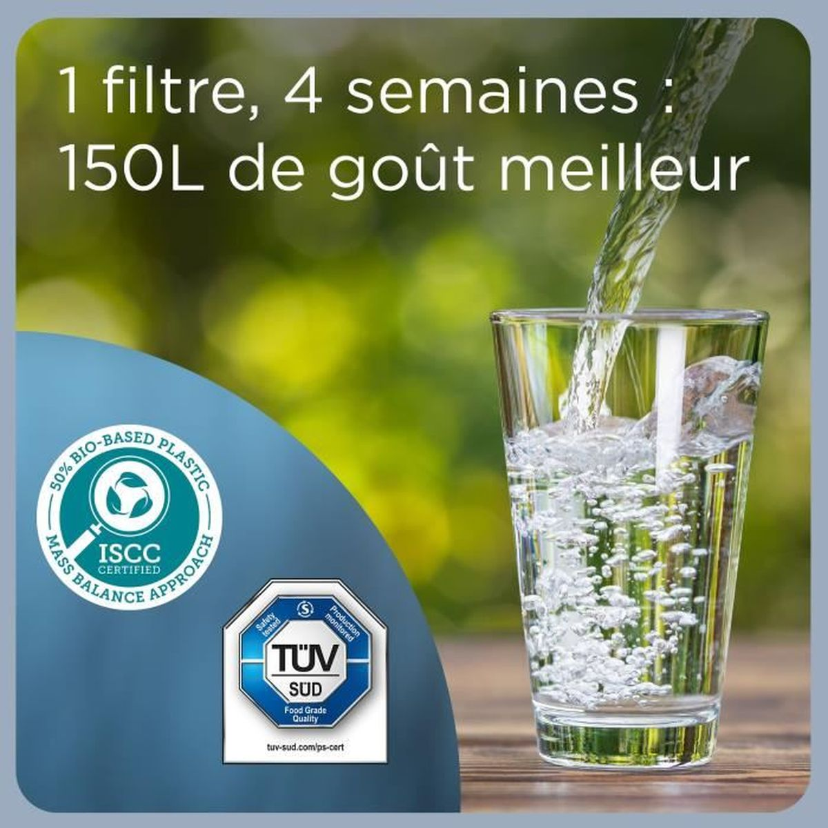 Wasser fließt in ein Glas, mit Siegeln und Text über Filter und Plastik.