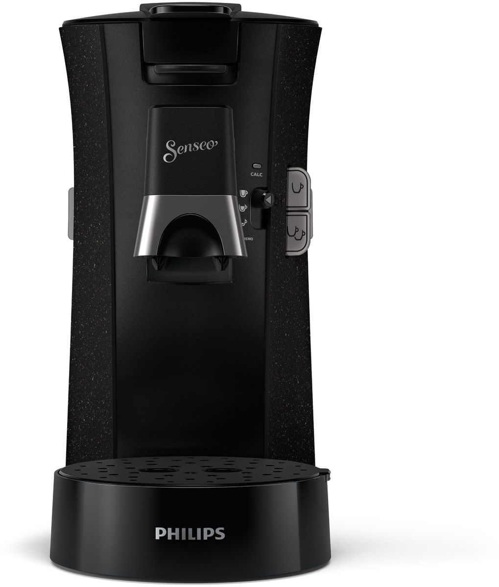 Schwarze Philips Senseo Kaffeemaschine mit silbernen Akzenten und Bedienelementen.