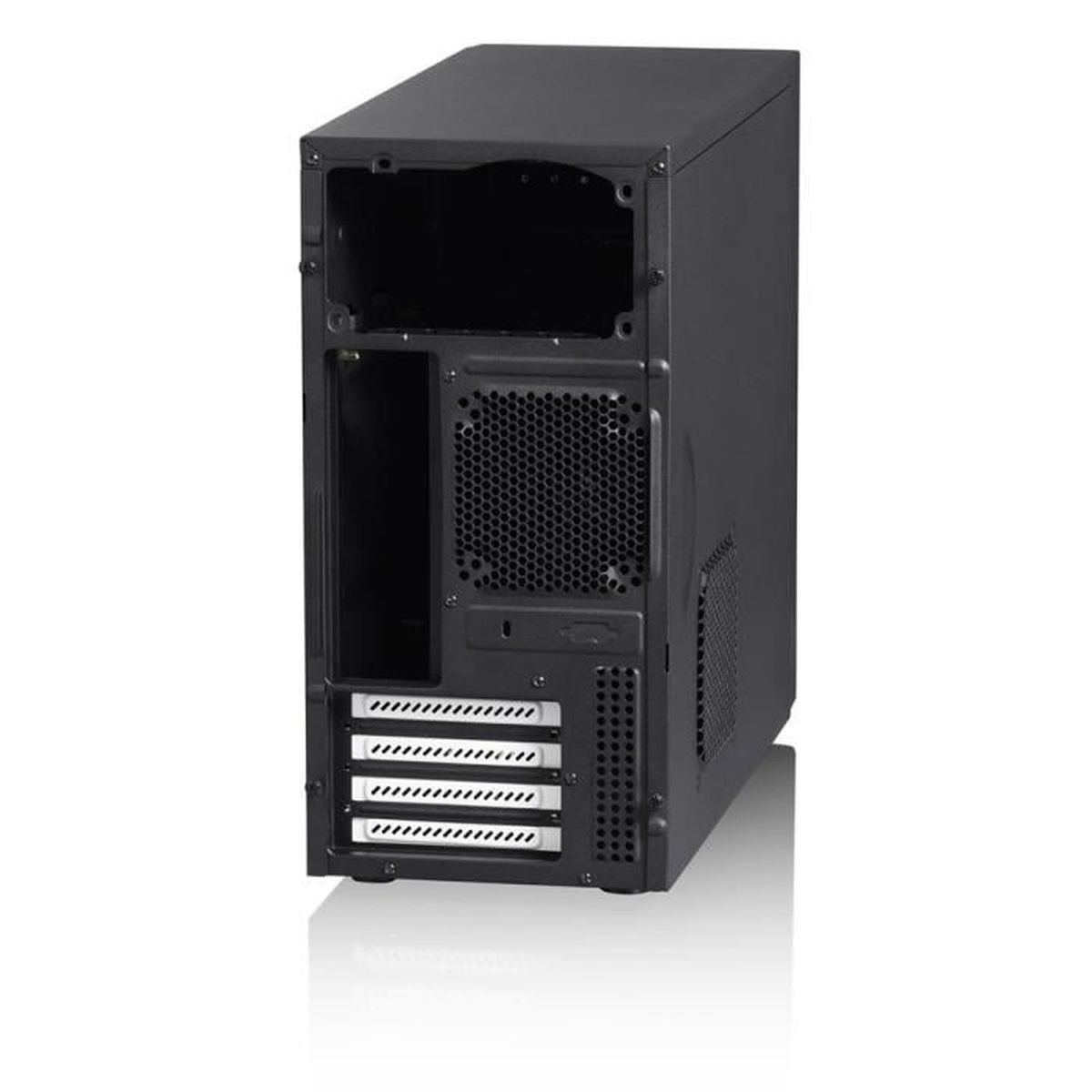 Rückseite eines schwarzen Computergehäuses mit Lüftungsschlitzen und Erweiterungssteckplätzen.